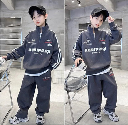 Spring Autumn Boys Striped Half Zip Sweatshirt+Sweatpant Workout Sets School Kids Tracksuit Children Outfit Jogging Suit 5-16 Yr