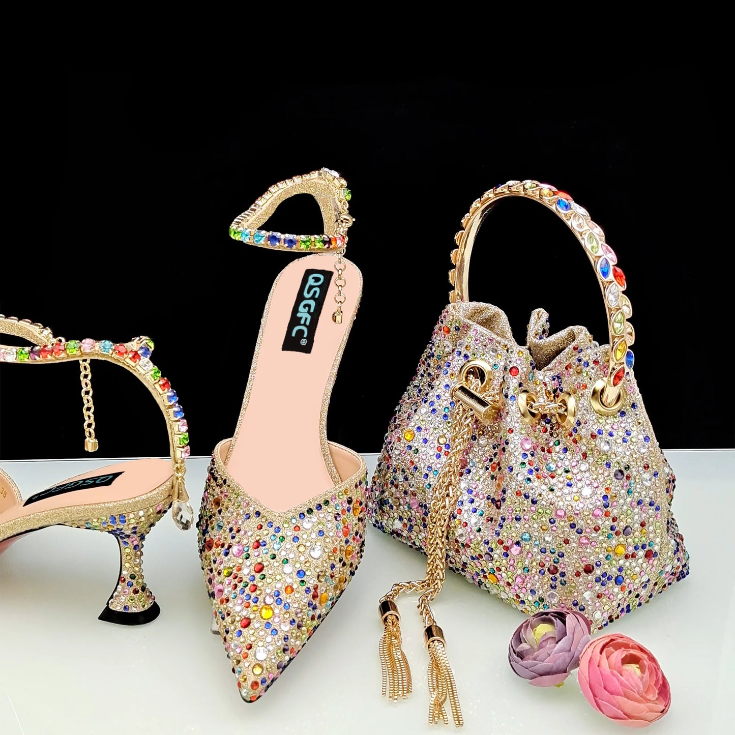 New Gold Glitter Fabric Pointed Toe High Heels With A Variety Of Shapes Of Rhinestones Fashion Party Ladies Shoes And Bag