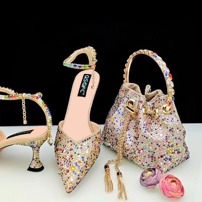 New Gold Glitter Fabric Pointed Toe High Heels With A Variety Of Shapes Of Rhinestones Fashion Party Ladies Shoes And Bag