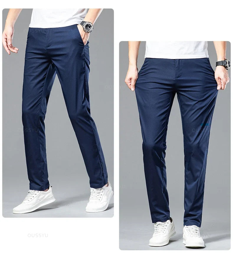 New Summer Cosy Soft Bamboo Fiber Straight Suit Pants Men Business Stretch Thin Navy Blue Casual Trousers Male Large Size 40 42
