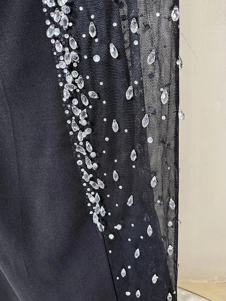 HIGH STREET Newest 2026 Designer Vestido Women's Diamonds Beaded Slash Neck Off The Shoulders Patchwork Gauze Long Maxi Dress