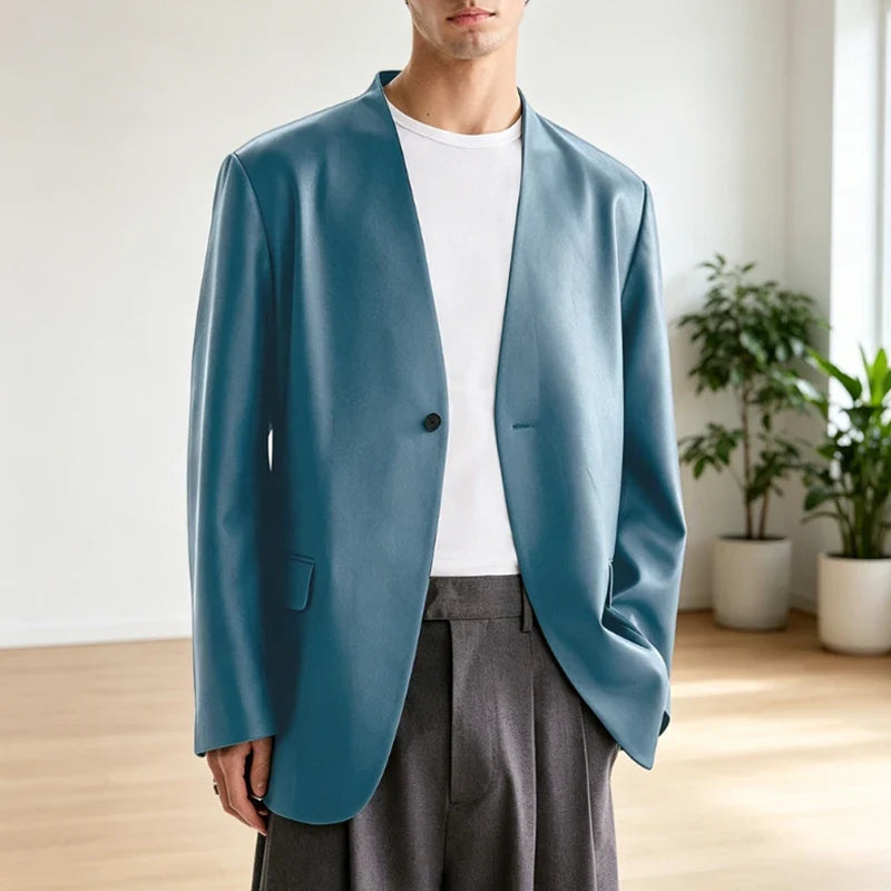 Luxury Men's PU Leather Blazer Collarless Jacket Loose 1 Button Elegant Solid Color Coat for Party Wedding Office Daily Wear