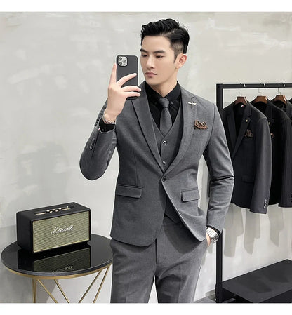 Blazer Vest Pants Men's Navy Blue Suit Set Slim Fit Blazer Vest Pants Formal Outfit for Business Wedding Office Groom Party