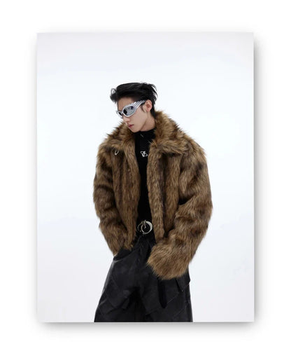 Winter Short Thick Warm Brown Hairy Soft Faux Fur Coat Men with Turn-down Collar Long Sleeve Fluffy Jackets 2024