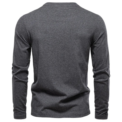 100% Cotton T-shirt Men Casual Solid Color Long Sleeve Sweater Autumn Fashion High Quality Henley Collar Mens T-shirts