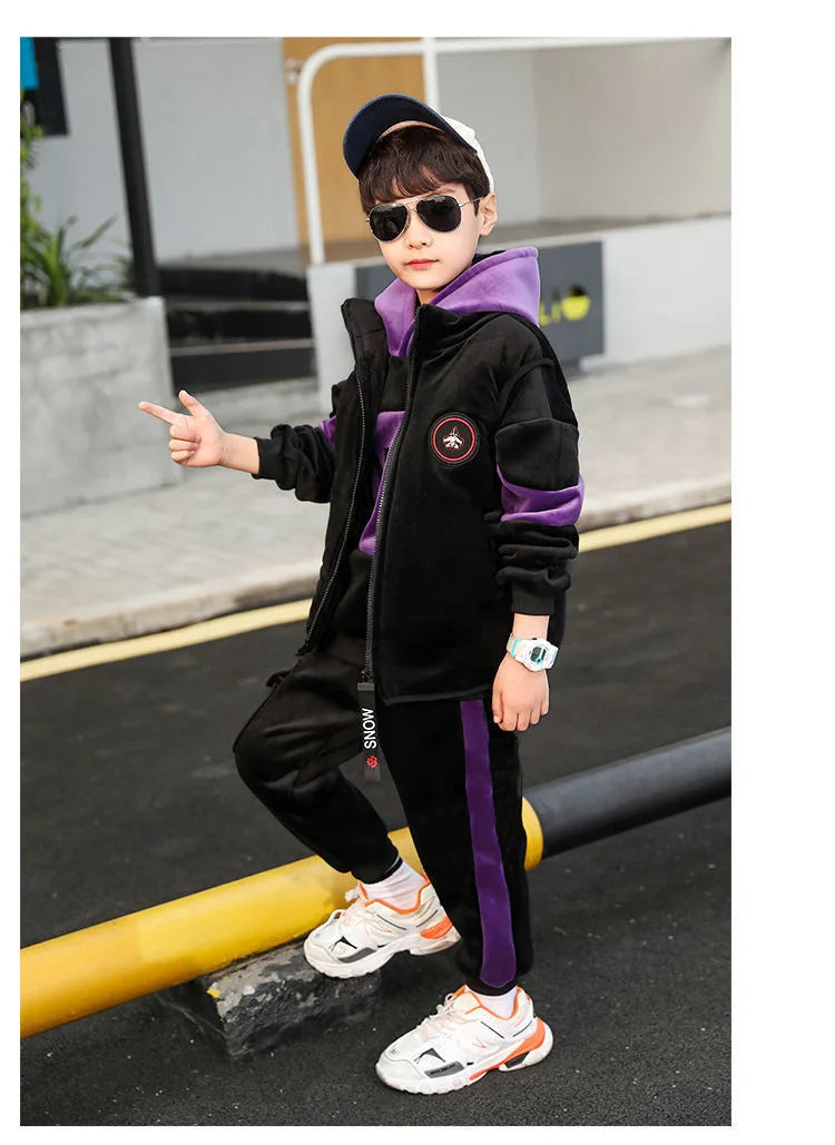 Winter Boys Warm Fleece Lined Zip Waistcoat+Sweatshirt+Sweatpant Sets School Kids 3PCS Tracksuit Children Workout Outfit 5-14Yrs