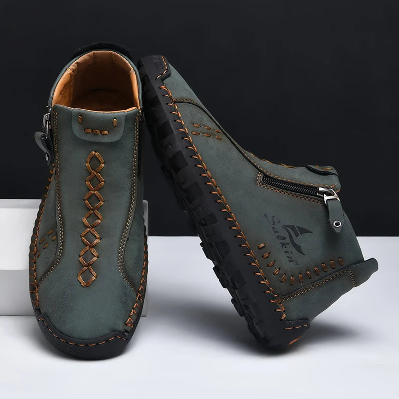 New Winter 2024 Handmade Leather Men Boots Zipper Design Sneakers Man Breathable Casual Leather Shoes Men Ankle Boots Outdoor