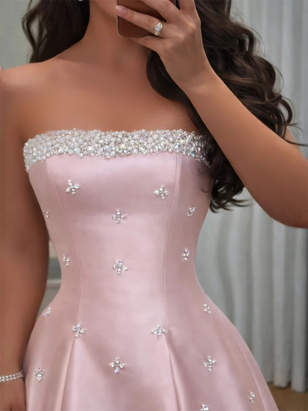 Customized Strapless Crystal Beaded Neckline Luxury Evening Dress French Robes De Soirée Floor Length A Line Ball Gown