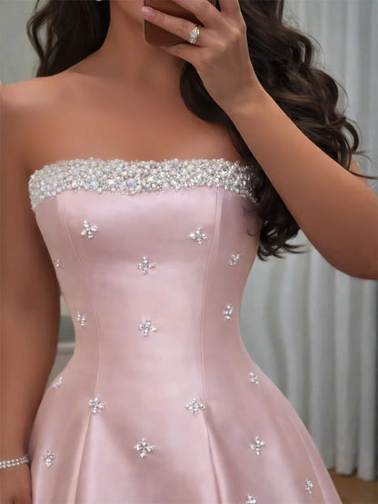 Customized Strapless Crystal Beaded Neckline Luxury Evening Dress French Robes De Soirée Floor Length A Line Ball Gown