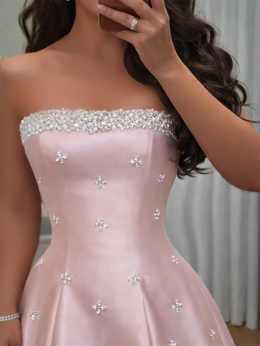 Customized Strapless Crystal Beaded Neckline Luxury Evening Dress French Robes De Soirée Floor Length A Line Ball Gown