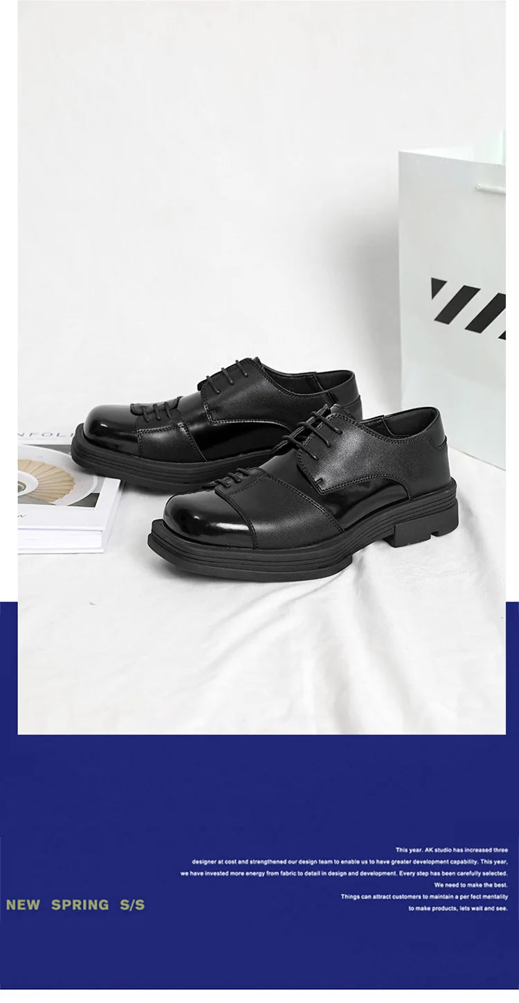 Men Genuine Leather Derby Shoes Vintage Square Toe Male Lace Up Platform Dress Shoes Black Business Footwear Wedding Shoes