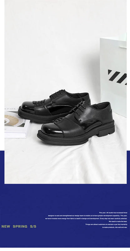Men Genuine Leather Derby Shoes Vintage Square Toe Male Lace Up Platform Dress Shoes Black Business Footwear Wedding Shoes
