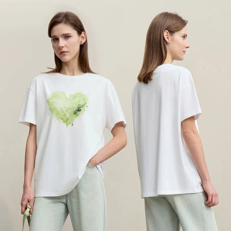 Woman T-shirts 2026 Summer Anti-Bacterial Loose Fit Round Neck Tee Heart Print Cotton Casual Knit Short Sleeve Top 12622026