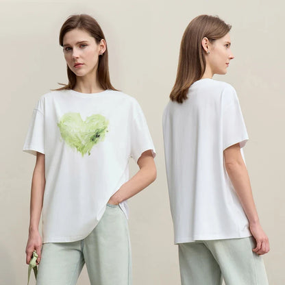 Woman T-shirts 2026 Summer Anti-Bacterial Loose Fit Round Neck Tee Heart Print Cotton Casual Knit Short Sleeve Top 12622026