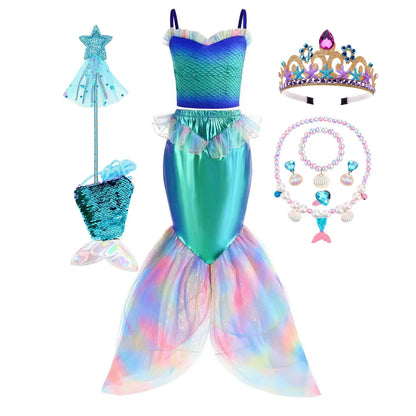 2024 NEW Two Pieces Mermaid Dress up Top and Tail Skirt Girls Off Shoulder Princess Dress Ariel Role Play Kids Halloween Apparel