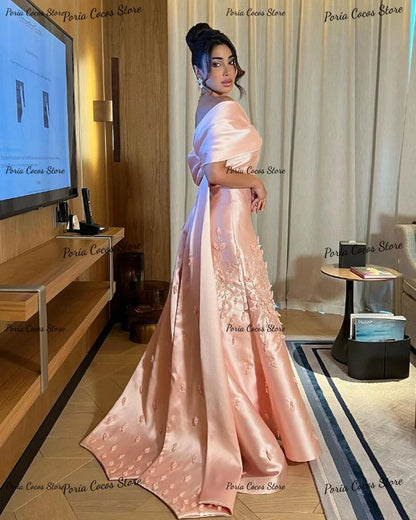 Customized Exquisite Off Shoulder Prom Gown A-line Satin V Neck Evening Party Dresses Sexy Backless Banquet Party Dress for Wome