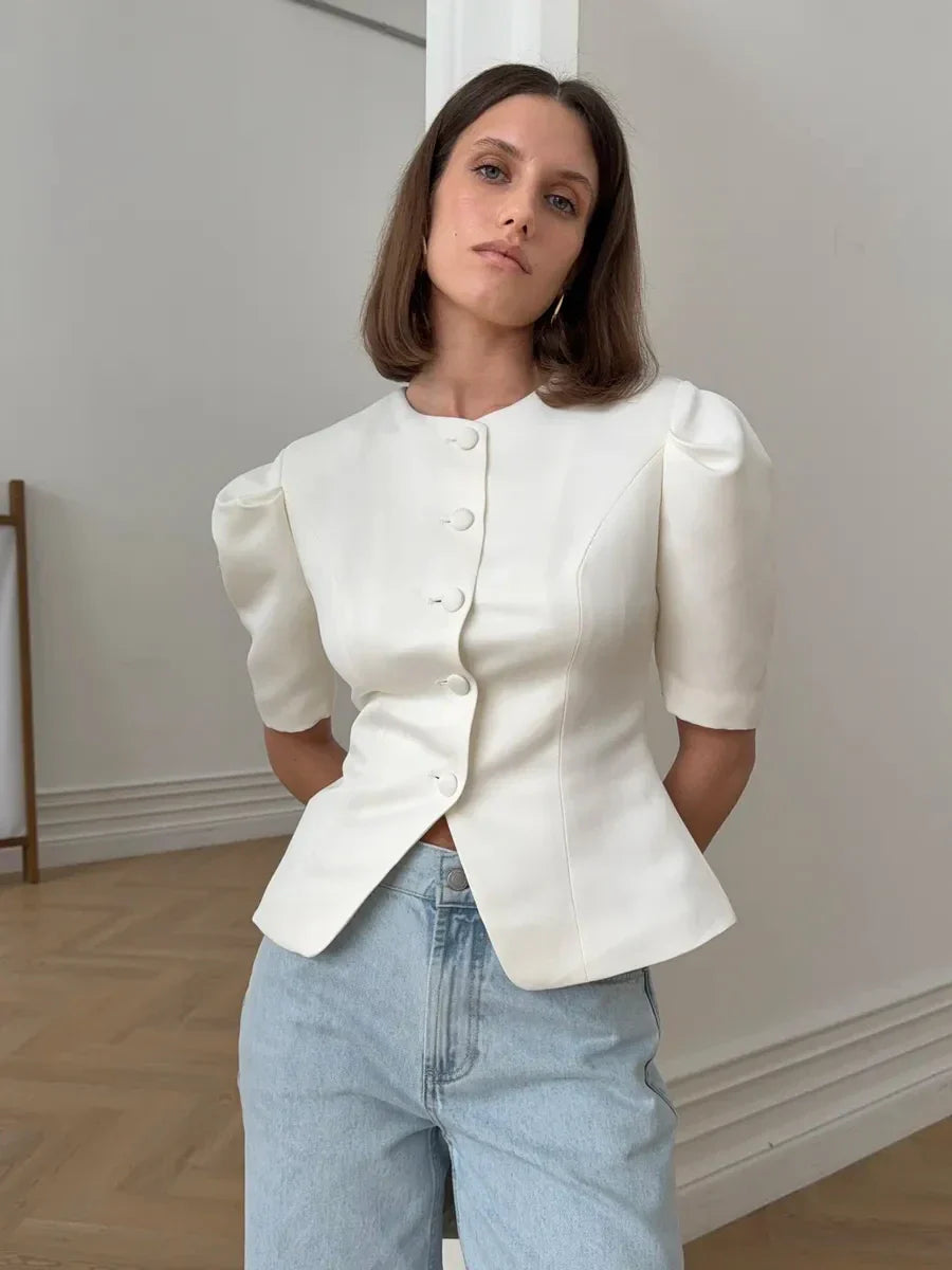 KT Elegant Satin Puff Sleeve Blouse for Women Round Neck Button Down Fitted Waist Asymmetric Hem Office & Formal Wear Tops