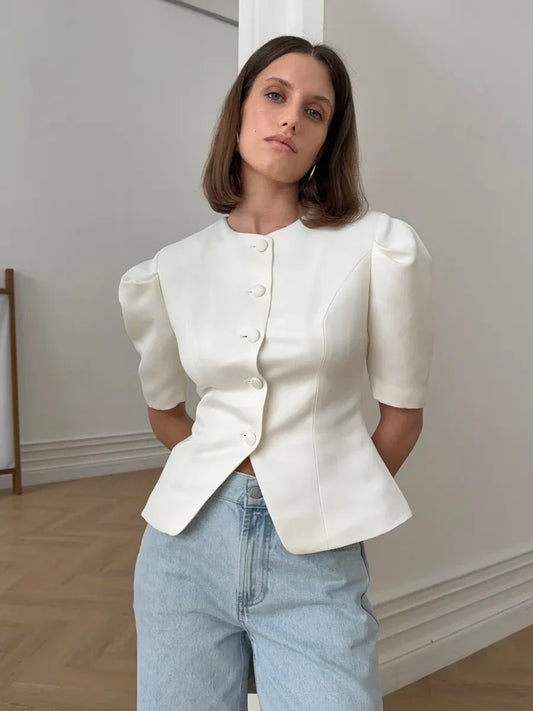 KT Elegant Satin Puff Sleeve Blouse for Women Round Neck Button Down Fitted Waist Asymmetric Hem Office & Formal Wear Tops