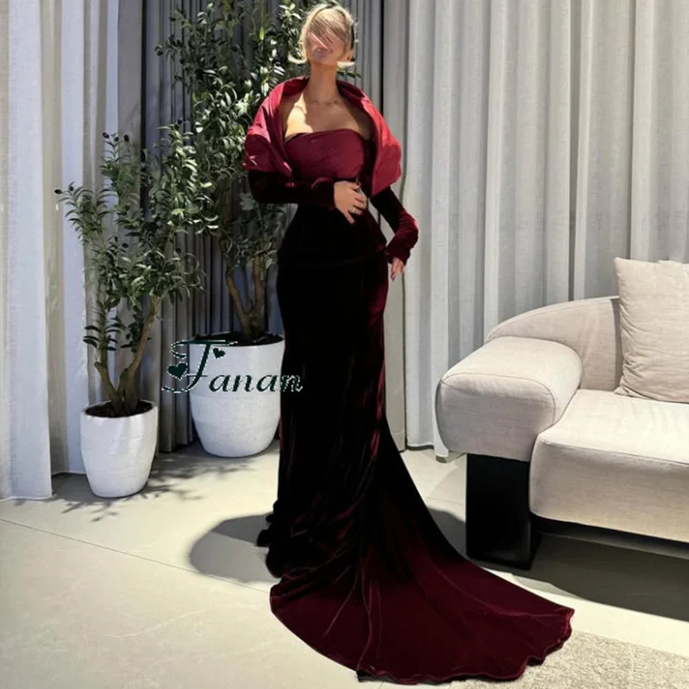 Customized Burgendy Velour Strapless Sweep Train Formal Evening Dresses Full Sleeves Backless Pleat Mermaid Party Prom Gowns