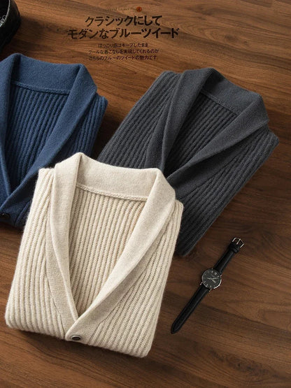 Men's Heavy Thick 100% Pure Cashmere Cardigan Olive Warm Collar High-End Sweater Coat Super Handsome