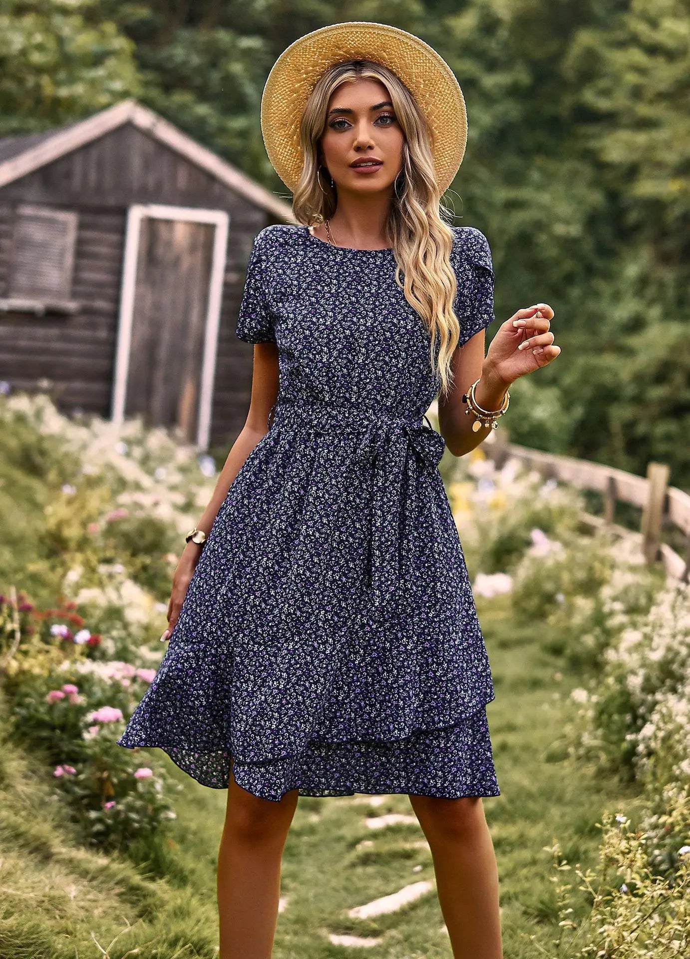Summer O Neck Casual Printd Women Strap High Waist Pleated Floral Dress