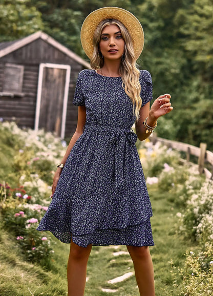 Summer O Neck Casual Printd Women Strap High Waist Pleated Floral Dress