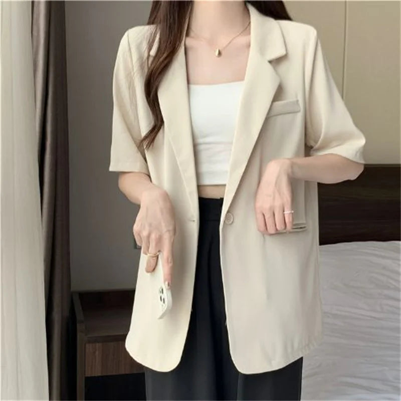 2026 Female Short Sleeved Suit Coat Women Summer Loose Fitting Solid Color Blazer Jacket Ladies Korean Leisure Tops Outerwear