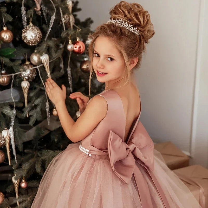 Customized Flower Girls Dress Dusty Pink Pearls Belt With Bow For Wedding Birthday Banquet Prom Ball Holy Communion Gowns