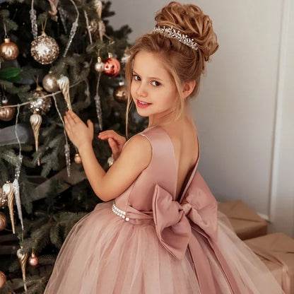 Customized Flower Girls Dress Dusty Pink Pearls Belt With Bow For Wedding Birthday Banquet Prom Ball Holy Communion Gowns