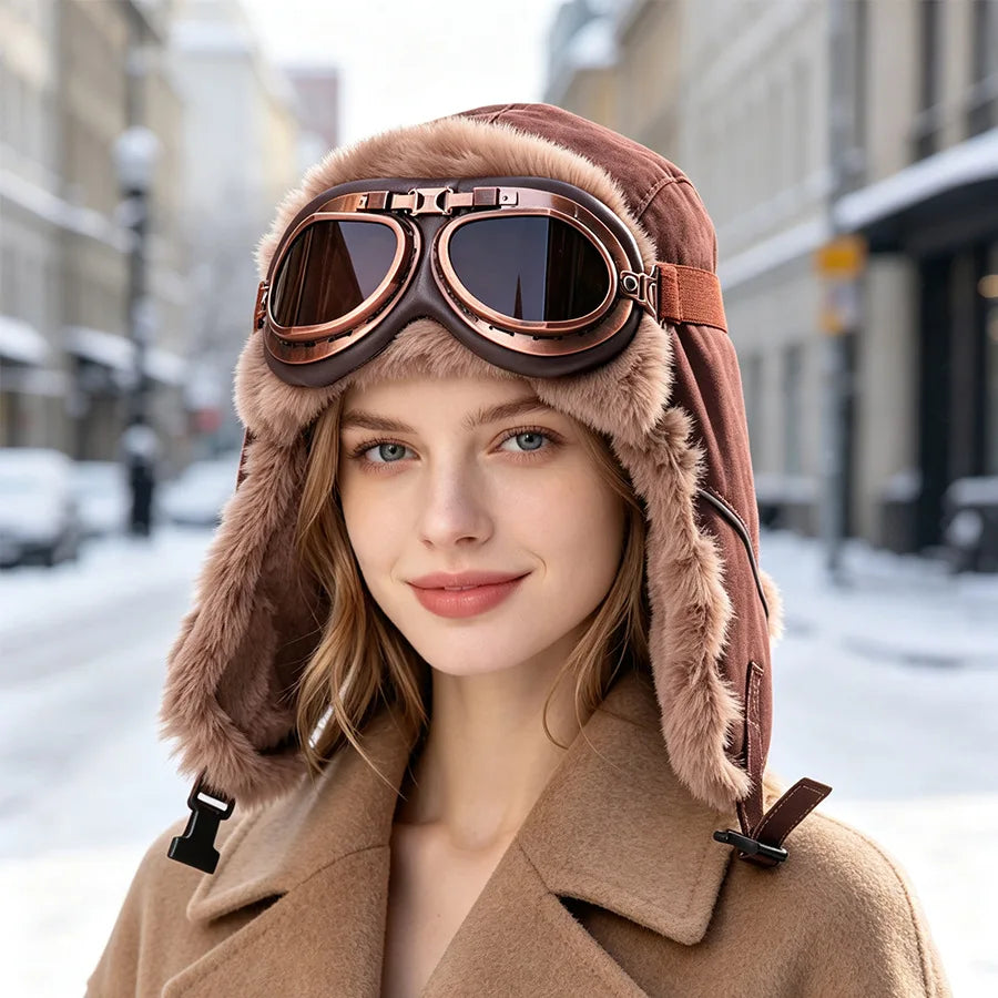 Retro Unisex Aviator Trapper Hat Faux Fur Thick Warm With Goggles Earflap Winter Cap For Cycling Outdoor Cold Protection