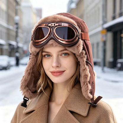 Retro Unisex Aviator Trapper Hat Faux Fur Thick Warm With Goggles Earflap Winter Cap For Cycling Outdoor Cold Protection