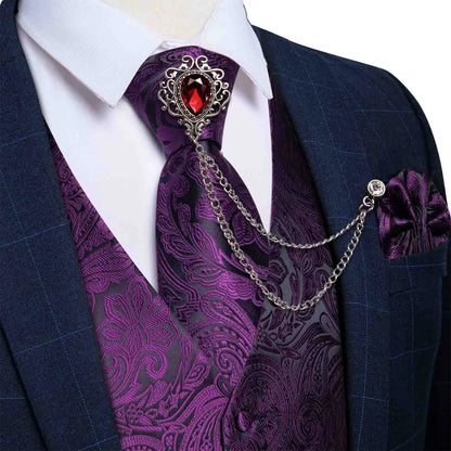 New Teal Green Paisley Formal Dress Vest Men's Suit Vest Waistcoat Tie Brooch Pocket Square Set for Tuxedo