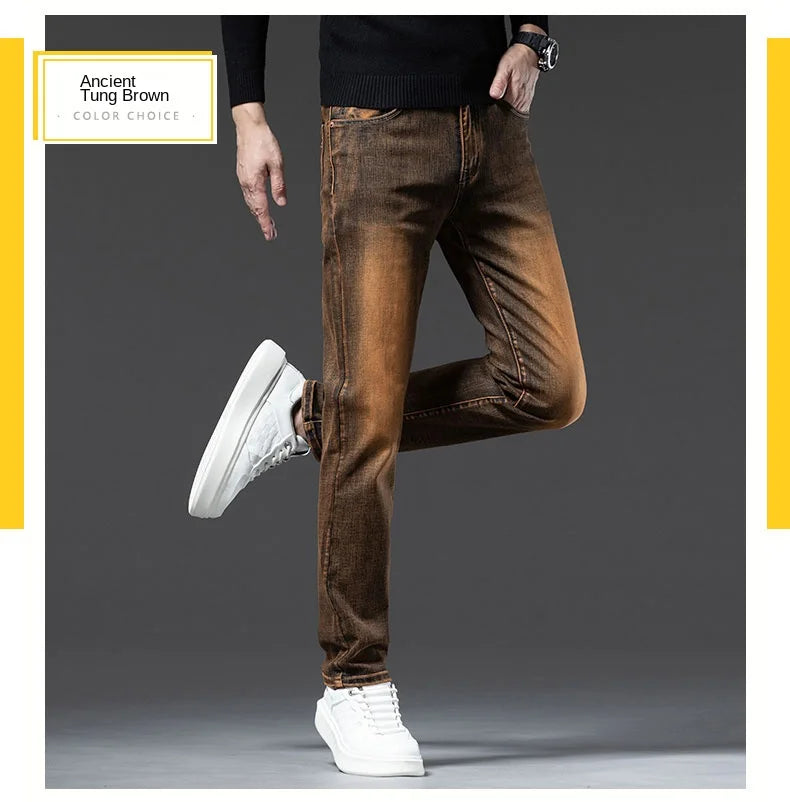 2025 New High-end High-quality Denim Double-core Cotton Elastic Jeans Retro Nostalgic Men's Straight-fit Trousers