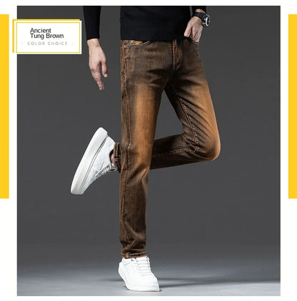 2025 New High-end High-quality Denim Double-core Cotton Elastic Jeans Retro Nostalgic Men's Straight-fit Trousers