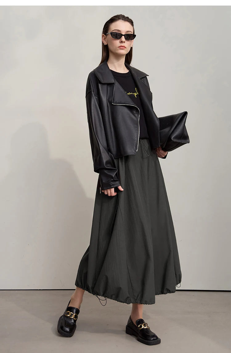 AMII تنانير نسائية غير رسمية فضفاضة أنيقة بخصر مطاطي، تنورة طويلة سادة بتصميم زهرة 2025 خريف جديد، ملابس نسائية 12523158
