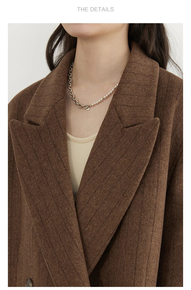 Women Woolen Blazer Loose Vintage V Neck Female Jacket Suit Double Breasted Office Ladies Coat Spring Autumn 2025