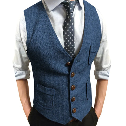 Men Vest Brown Herringbone Single Button V Neck Waistcoat For Wedding Party Business Work Office Daily Casual Men Suit Vest