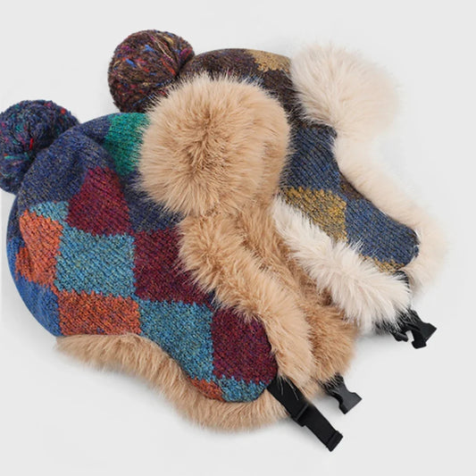 New Autumn Winter Hat for Women Russian Hat Ladies Thick Warm Knitted Hat Fluffy Fur Colored Snow SKi Earflap Cap Ushanka