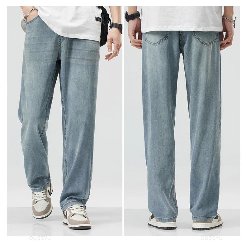 New Summer Thin Soft Lyocell Fabric Men's Jeans Classic Straight Denim Pants Work Wide Leg Casual Trousers Male Big Size 40 42