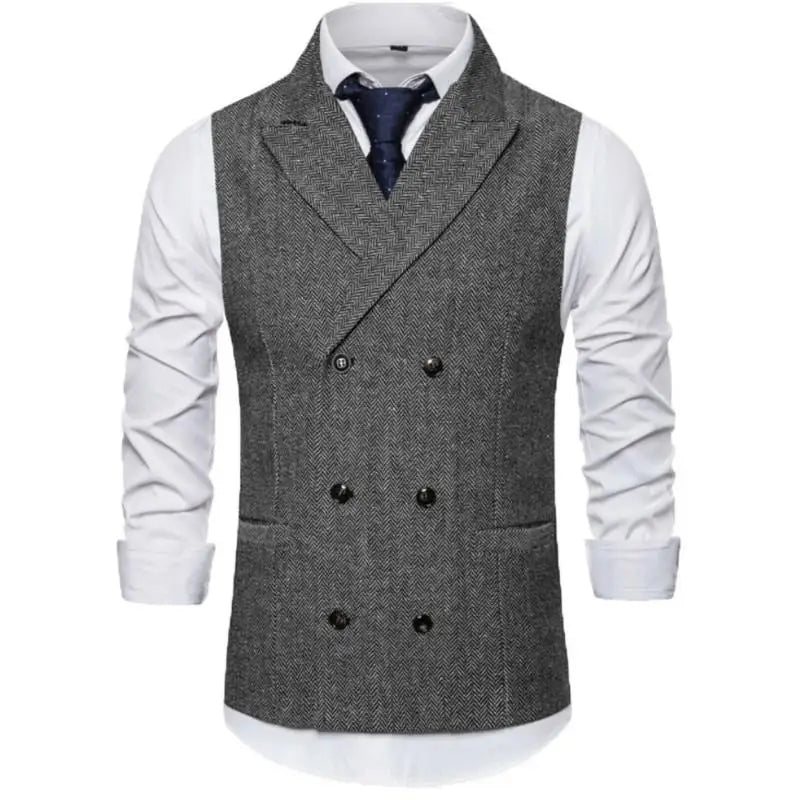 Men Vest Brown Herringbone Double Breasted Buckle Solid Business Casual Waistcoat Regular Slim Banquet Men Suit Vest