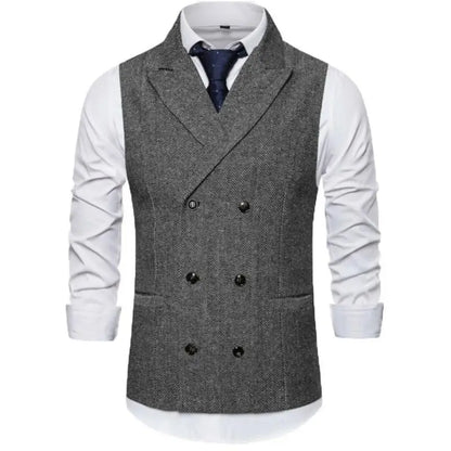 Men Vest Brown Herringbone Double Breasted Buckle Solid Business Casual Waistcoat Regular Slim Banquet Men Suit Vest