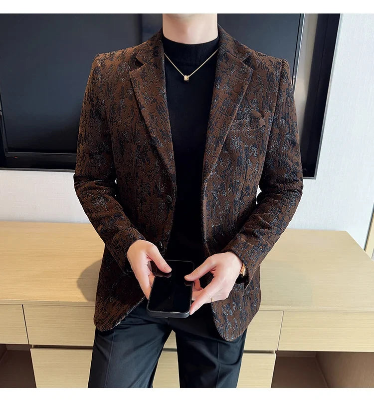 High Quality Plush Jacquard fashion Suit Jacket  Korean Version Slim Fit Business Retro Casual Social Wedding Suit Blazer 5XL-M
