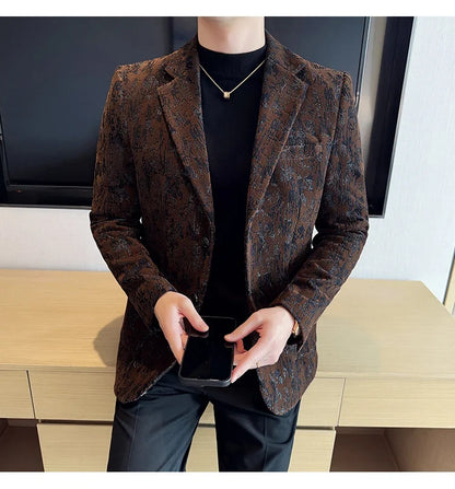 High Quality Plush Jacquard fashion Suit Jacket  Korean Version Slim Fit Business Retro Casual Social Wedding Suit Blazer 5XL-M