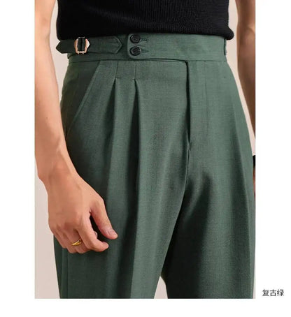 2025 New Italian Style Double Pleated Neapolitan Mens Formal Pants Casual Business Straight Leg High Waist Office Trousers Men