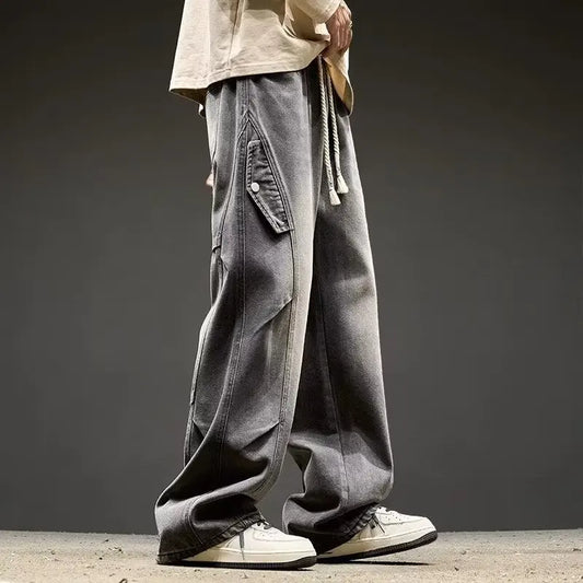 Korean High Street Retro Men'S Jeans Pleated Patchwork Paratroopers Autumn And Winter Loose Casual Straight Leg Pants