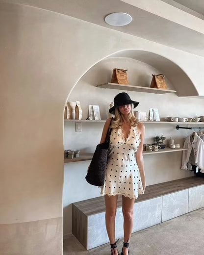 Lace Spliced Polka Dot Halter Dress Women Elegant A-line Mini Sexy Backless Dresses Summer Robe 2025