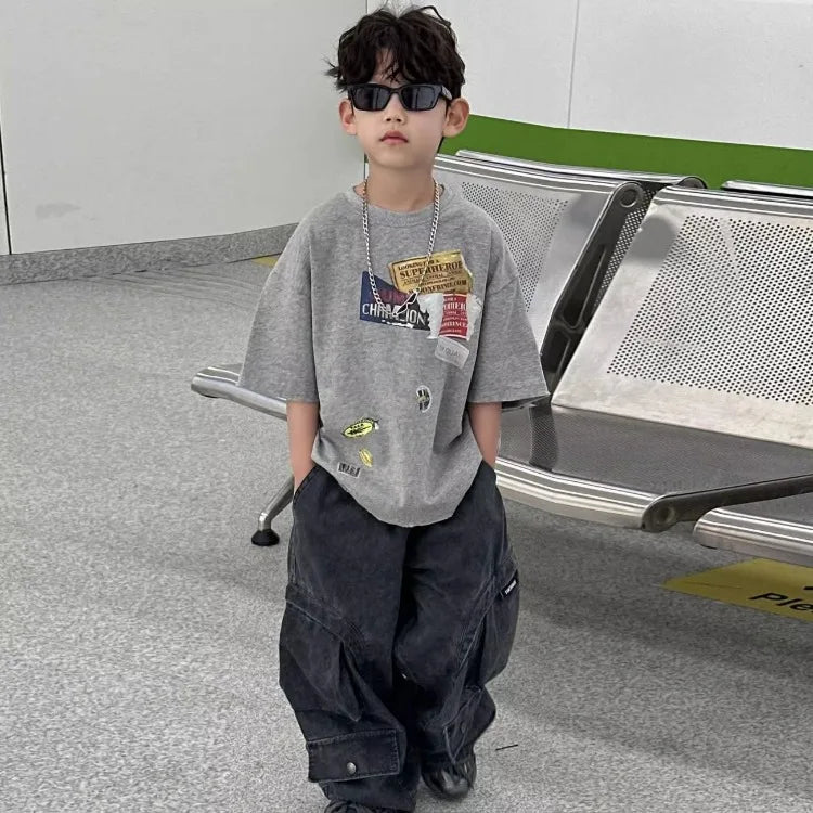 2026 Summer New Vintage Korean Boys T-Shirt Crew Neck Kids Tweens Casual Stylish Breathable Cotton Top
