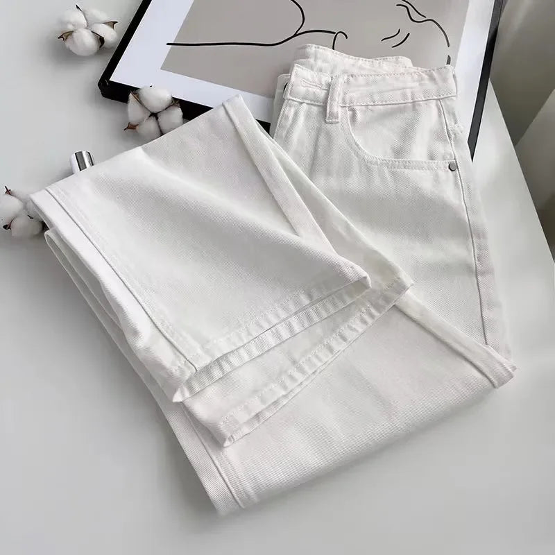 High Waist White Fleece Lined Straight Leg Jeans for Woman Y2k Pants Winter Loose Fit Wide Leg Trousers with Flowy Hem