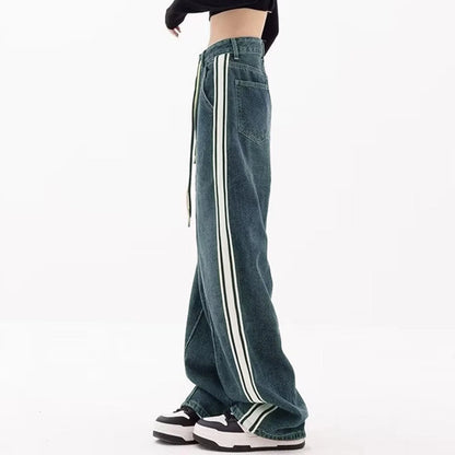 Harajuku Y2k Trendy Denim Pants Women Striped Drawstring High Waist Jeans Korean Style Vintage Loose Wide Leg Trousers