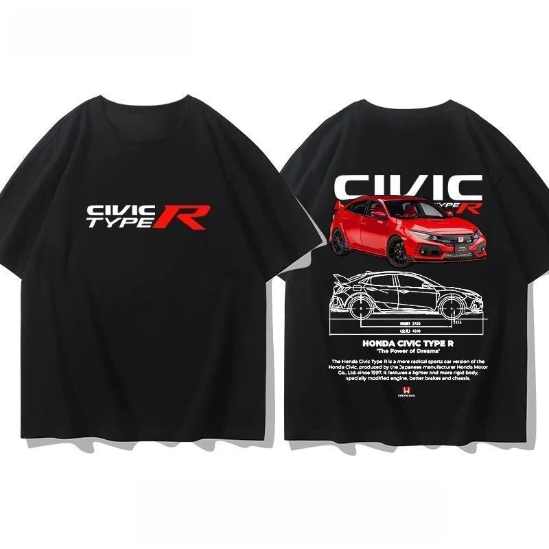 Honda Civic Motorcycle Short-sleeved Classic Modified Car Culture JDM Car Racing Fan T-shirt Club Men's Top